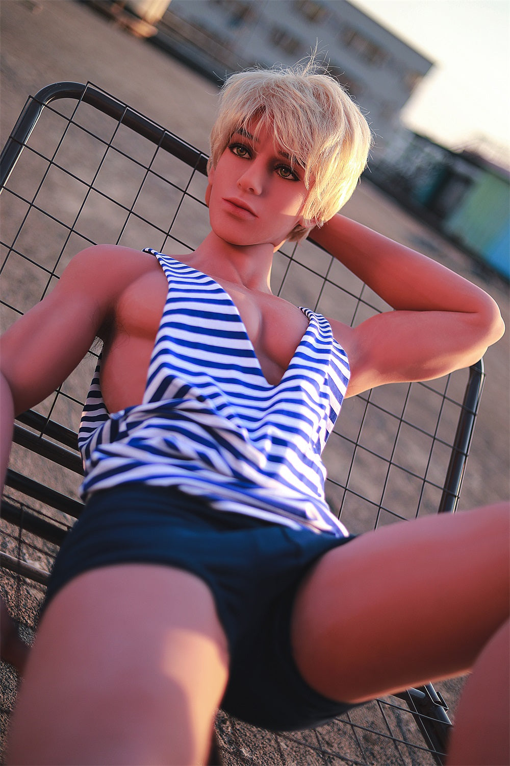 165cm Muscle Male Sex Dolls, Two Dildos, Light brown, Tpe, Green eyes, Golden Wig and Random Wig