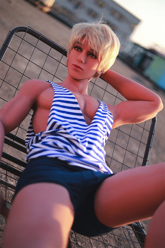 165cm Muscle Male Sex Dolls, Two Dildos, Light brown, Tpe, Green eyes, Golden Wig and Random Wig