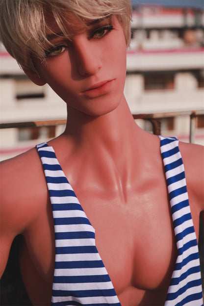 165cm Muscle Male Sex Dolls, Two Dildos, Light brown, Tpe, Green eyes, Golden Wig and Random Wig